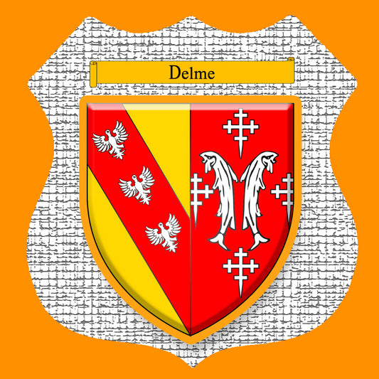 Plaque métal décorative format écusson Ø 30cm fond craquelure blason Delme, Moselle 57