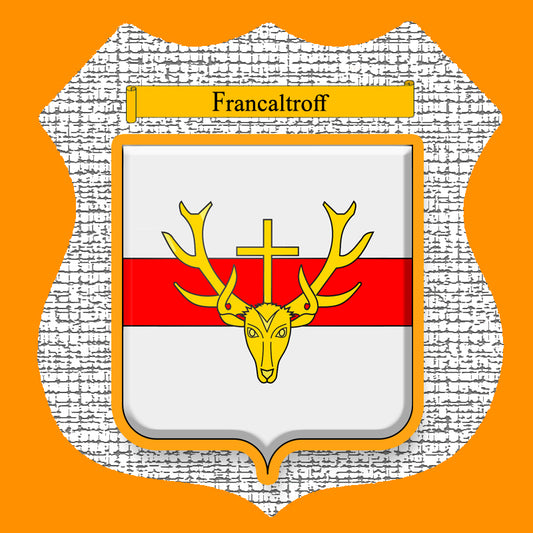 Plaque métal décorative format écusson Ø 30cm fond craquelures blason Francaltroff, Moselle 57