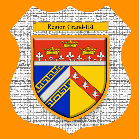 Plaque métal décorative format écusson Ø 30cm fond craquelures,  blason Grand-Est