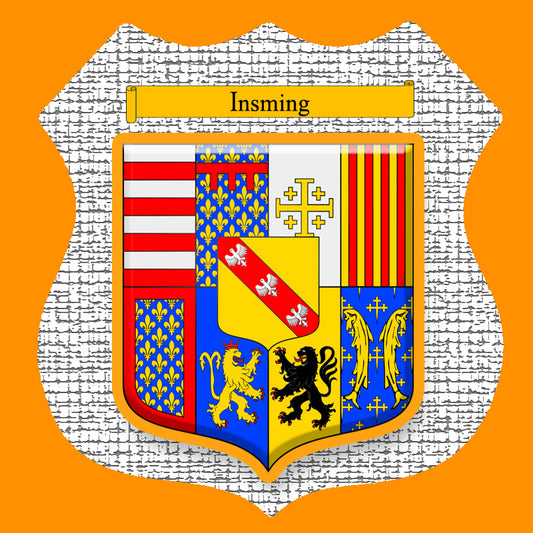 Plaque métal décorative format écusson Ø 30cm fond craquelure blason Insming, Moselle 57