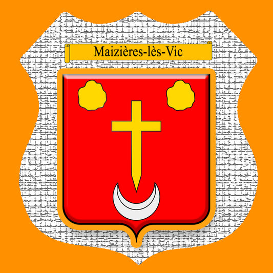 Plaque métal décorative format écusson Ø 30cm fond craquelures blason Maizières-lès-Vic, Moselle 57