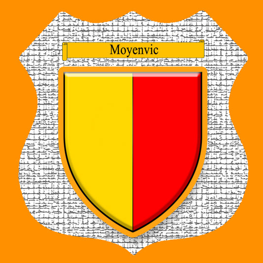 Plaque métal décorative format écusson Ø 30cm fond craquelure blason Moyenvic, Moselle 57