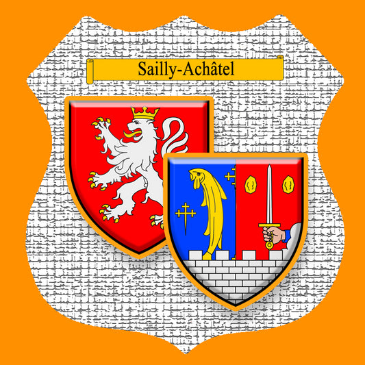 Plaque métal décorative format écusson Ø 30cm fond craquelure blason Sailly-Achâtel, Moselle 57