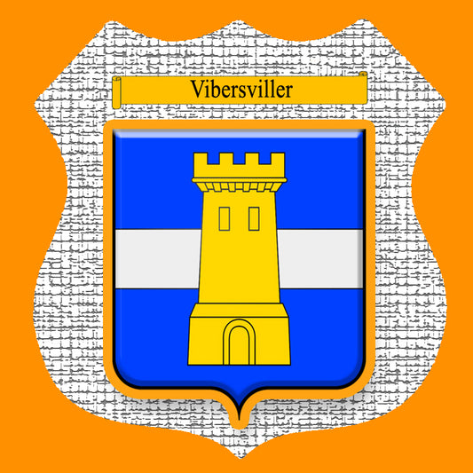 Plaque métal décorative format écusson Ø 30cm fond craquelure blason Vibersviller, Moselle 57