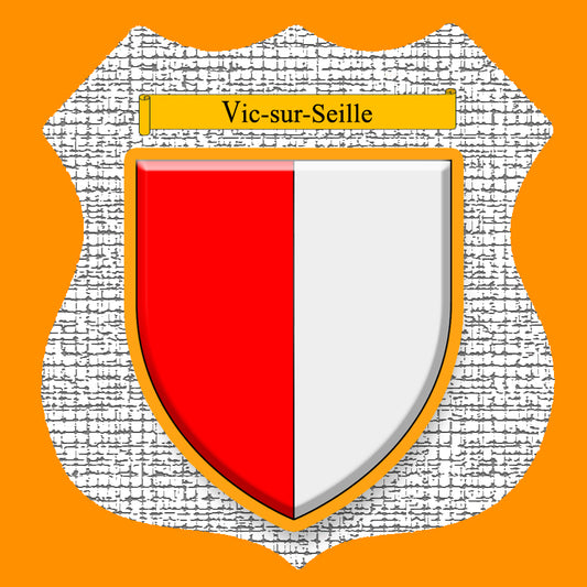 Plaque métal décorative format écusson Ø 30cm fond craquelures blason Vic-sur-Seille, Moselle 57