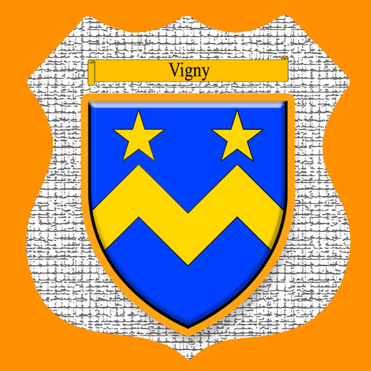 Plaque métal décorative format écusson Ø 30cm fond craquelures blason Vigny, Moselle 57