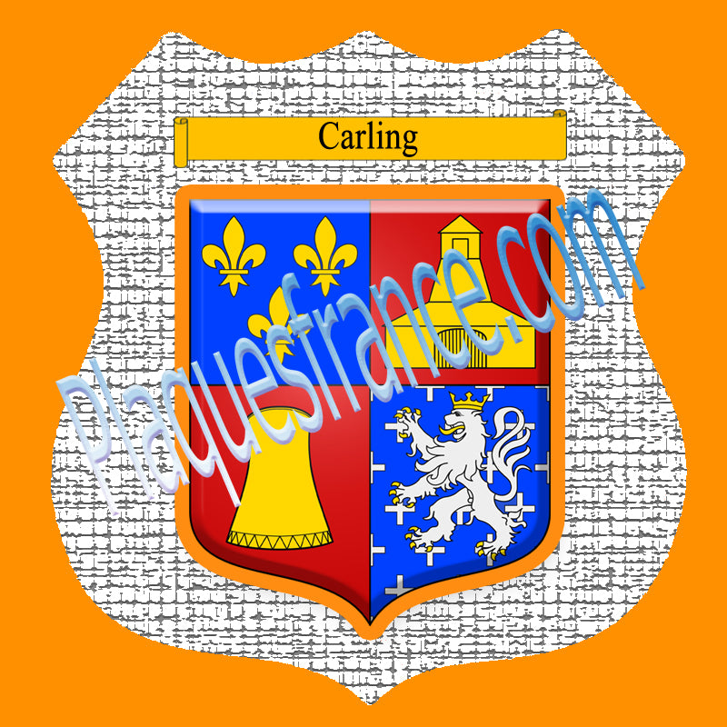 Plaque métal décorative format écusson Ø 30cm fond craquelures blason Carling, Moselle 57