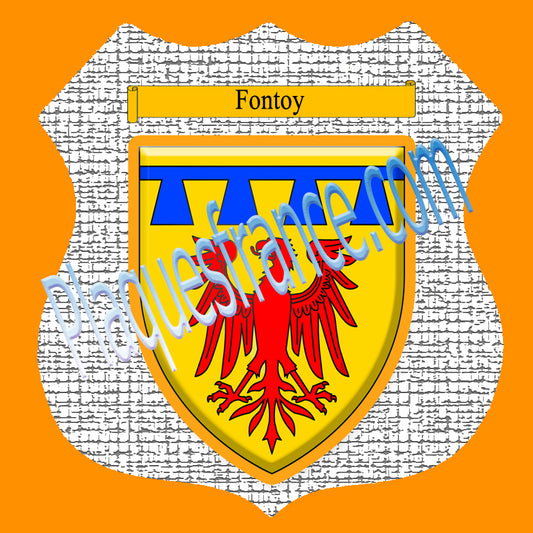 Plaque métal décorative format écusson Ø 30cm fond craquelures blason Fontoy, Moselle 57