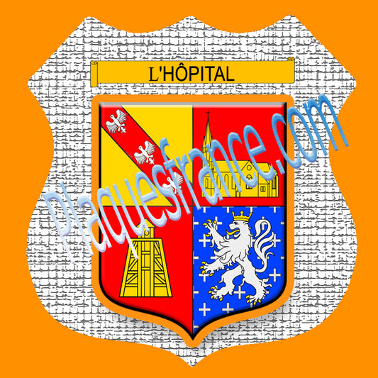 Plaque métal décorative format écusson Ø 30cm fond craquelures blason L'Hôpital 57