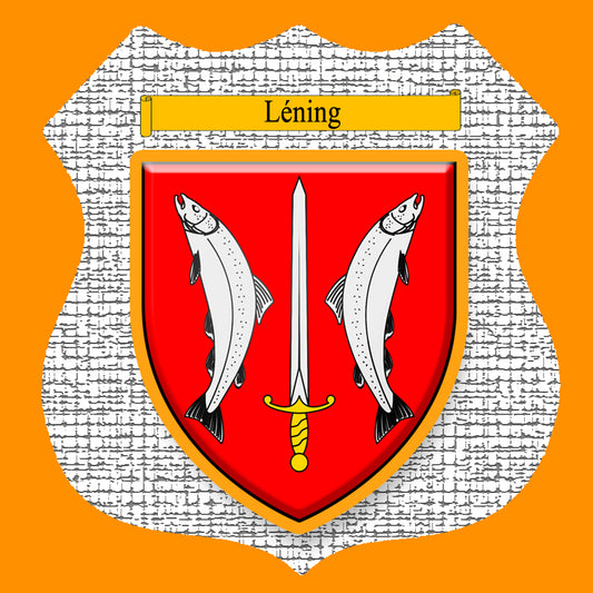 Plaque métal décorative format écusson Ø 30cm fond craquelure blason Léning, Moselle 57