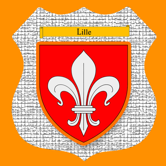 Plaque métal décorative format écusson Ø 30cm fond craquelure blason Lille, Nord 59