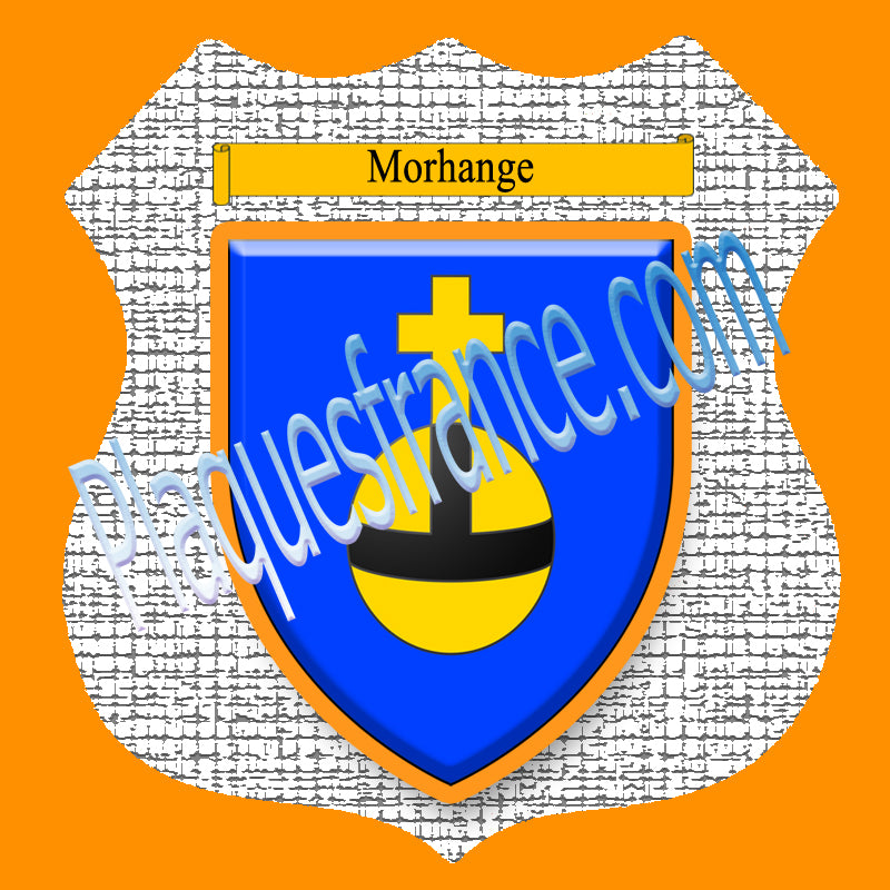 Plaque métal décorative format écusson Ø 30cm fond craquelures blason Morhange, Moselle 57