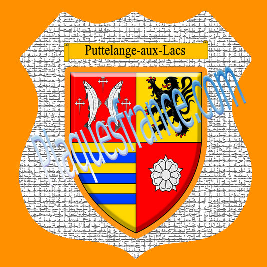 Plaque métal décorative format écusson Ø 30cm fond craquelures blason Puttelange-aux-Lacs, Moselle 57