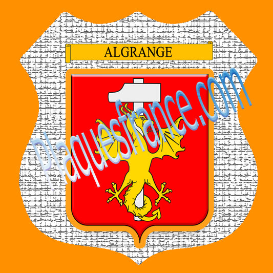 Plaque métal décorative format écusson, blason Algrange, Moselle 57, fond craquelures