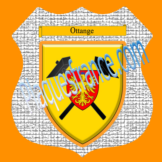 Plaque métal décorative format écusson Ø 30cm fond craquelures blason Ottange, Moselle 57