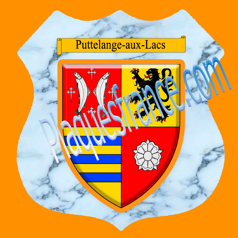 Plaque métal décorative format écusson Ø 30cm fond marbre blason Puttelange-aux-Lacs, Moselle 57
