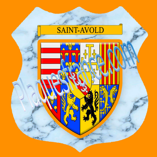 Plaque métal décorative format écusson Ø 30cm fond marbre blason Saint-Avold, Moselle 57