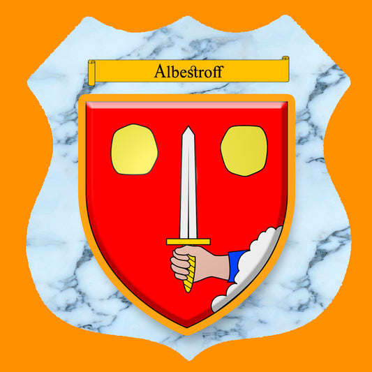 Plaque métal décorative format écusson Ø 30cm fond marbre blason Albestroff, Moselle 57