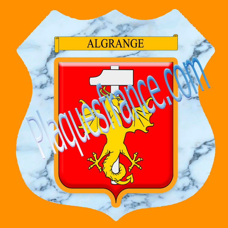 Plaque métal décorative format écusson, blason Algrange, Moselle 57, fond marbre