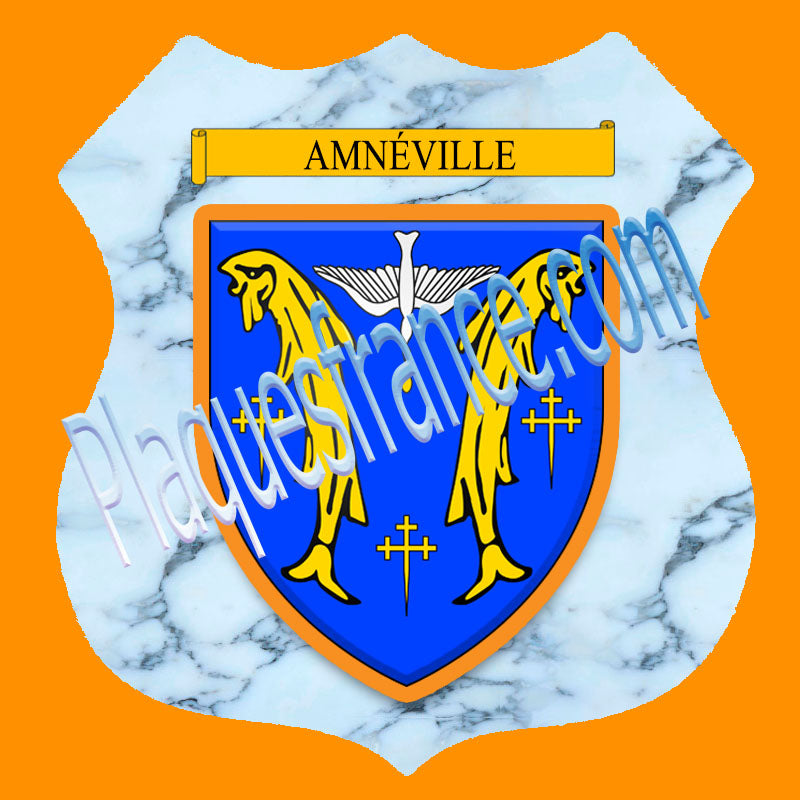 Plaque métal décorative format écusson Ø 30cm fond marbre Amnéville, Moselle 57