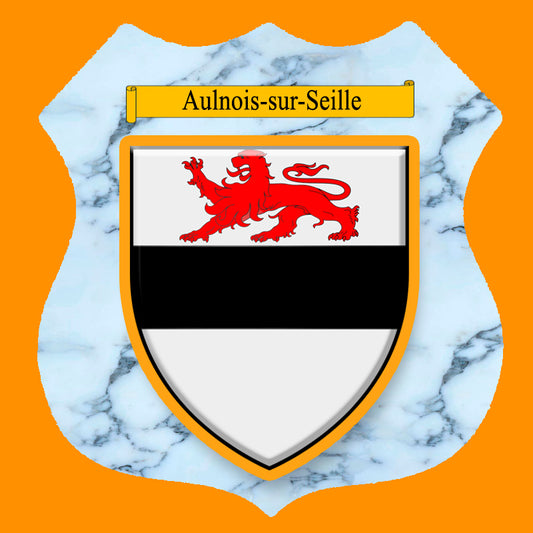 Plaque métal décorative format écusson Ø 30cm fond marbre blason Aulnois-sur-Seille, Moselle 57