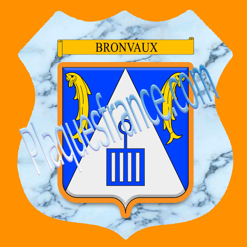 Plaque métal décorative format écusson Ø 30cm fond marbre Bronvaux, Moselle 57