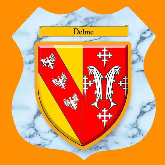 Plaque métal décorative format écusson Ø 30cm fond marbre blason Delme, Moselle 57
