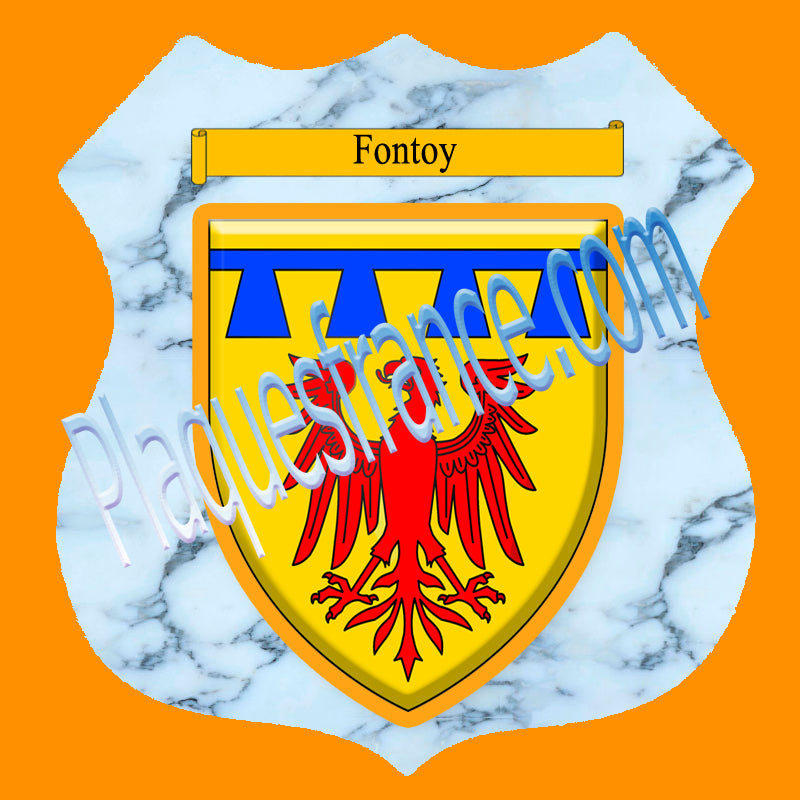 Plaque métal décorative format écusson Ø 30cm fond marbre blason Fontoy, Moselle 57