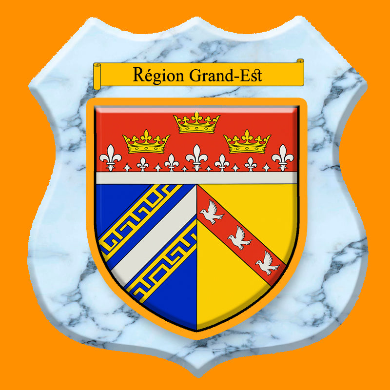 Plaque métal décorative format écusson Ø 30cm fond marbre,  blason Grand-Est