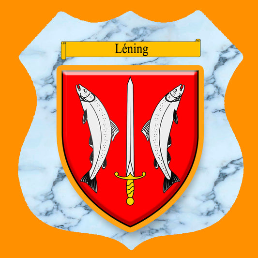Plaque métal décorative format écusson Ø 30cm fond marbre blason Léning, Moselle 57