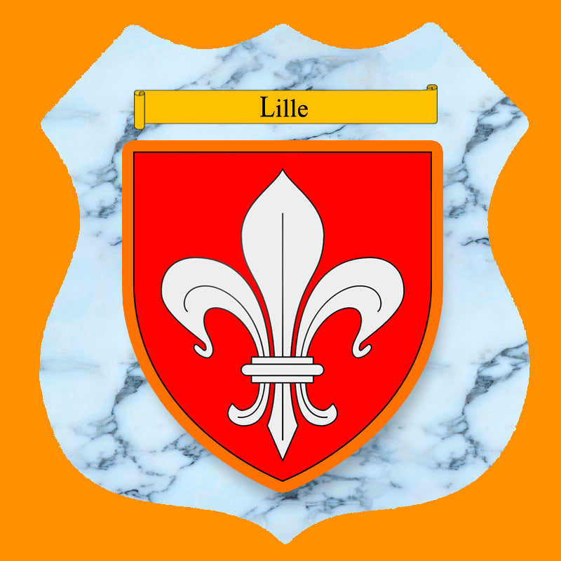 Plaque métal décorative format écusson Ø 30cm fond marbre blason Lille, Nord 59
