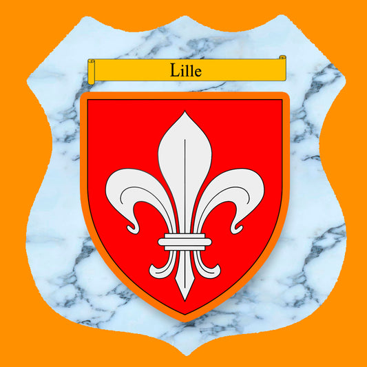 Plaque métal décorative format écusson Ø 30cm fond marbre blason Lille, Nord 59