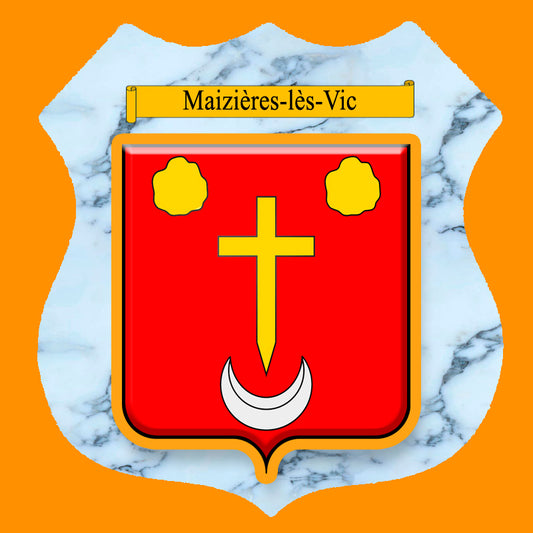Plaque métal décorative format écusson Ø 30cm fond marbre blason Maizières-lès-Vic, Moselle 57