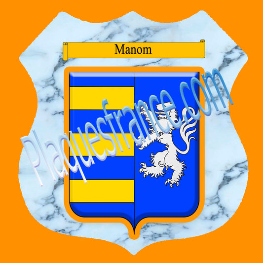 Plaque métal décorative format écusson Ø 30cm fond marbre blason Manom, Moselle 57