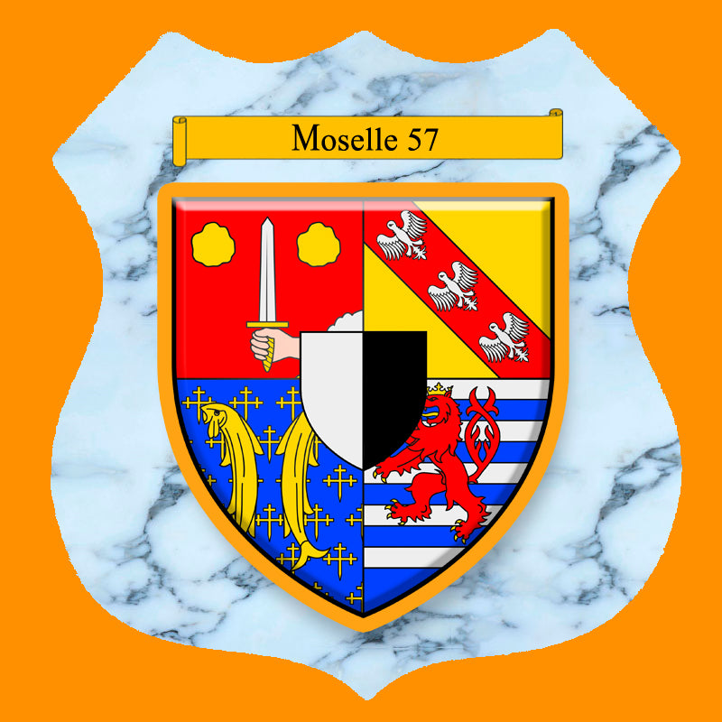 Plaque métal décorative format écusson Ø 30cm fond marbre blason , Moselle 57