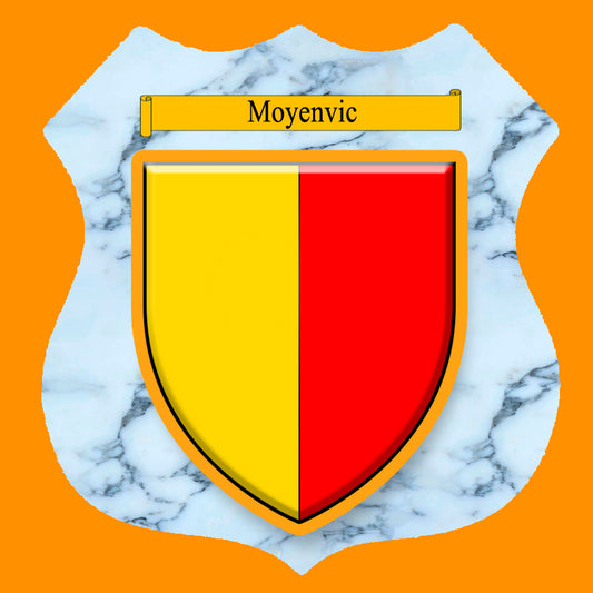 Plaque métal décorative format écusson Ø 30cm fond marbre blason Moyenvic, Moselle 57