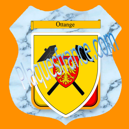 Plaque métal décorative format écusson Ø 30cm fond marbre blason Ottange, Moselle 57
