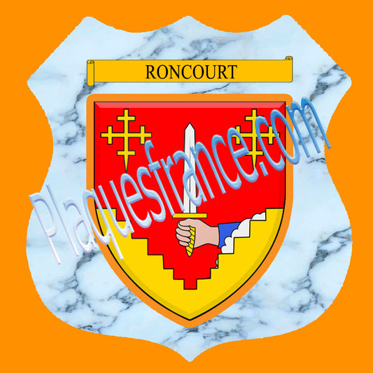 Plaque métal décorative format écusson Ø 30cm fond marbre Roncourt, Moselle 57