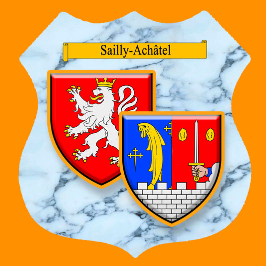 Plaque métal décorative format écusson Ø 30cm fond marbre blason Sailly-Achâtel, Moselle 57