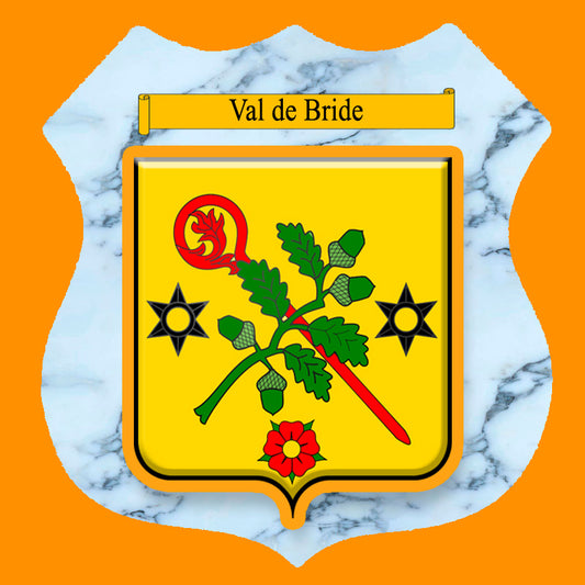 Plaque métal décorative format écusson Ø 30cm fond marbre blason Val de Bride, Moselle 57