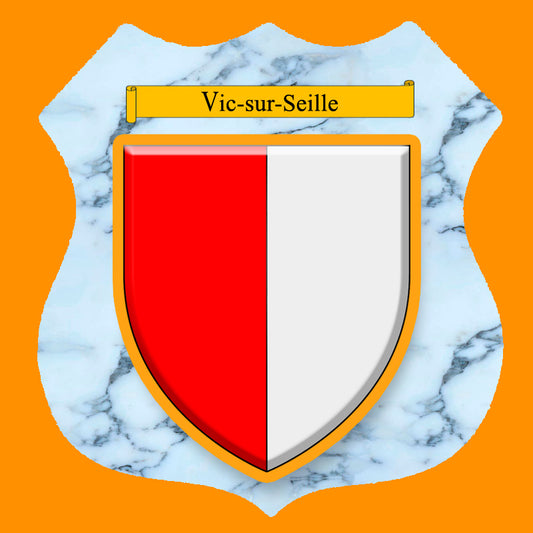 Plaque métal décorative format écusson Ø 30cm fond marbre blason Vic-sur-Seille, Moselle 57