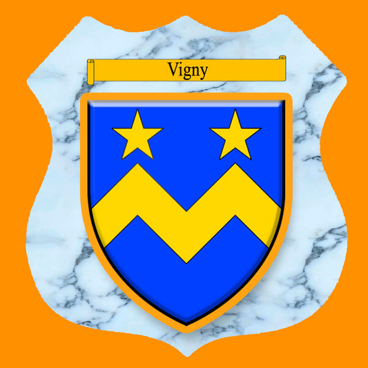 Plaque métal décorative format écusson Ø 30cm fond marbre blason Vigny, Moselle 57