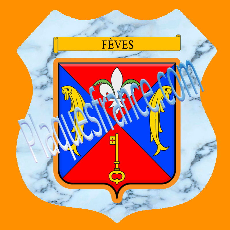 Plaque métal décorative format écusson Ø 30cm fond marbre Fèves, Moselle 57