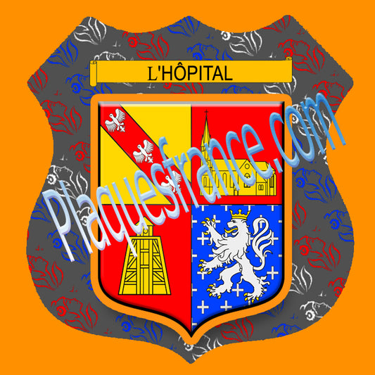 Plaque métal décorative format écusson Ø 30cm fond marianneblason L'Hôpital 57