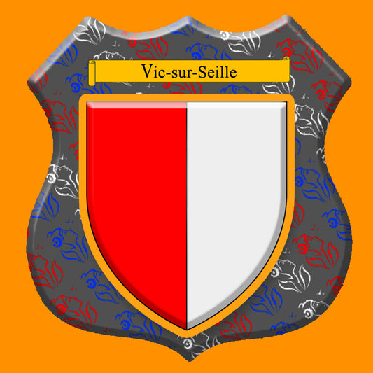 Plaque métal décorative format écusson Ø 30cm fond marianne blason Vic-sur-Seille, Moselle 57