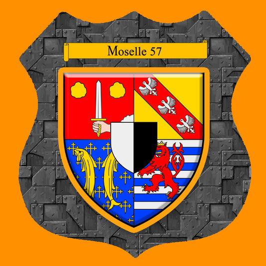 Plaque métal décorative format écusson Ø 30cm fond métal blason , Moselle 57