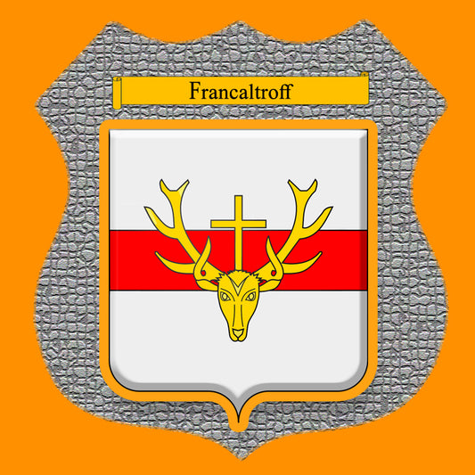 Plaque métal décorative format écusson Ø 30cm fond mozaique blason Francaltroff, Moselle 57