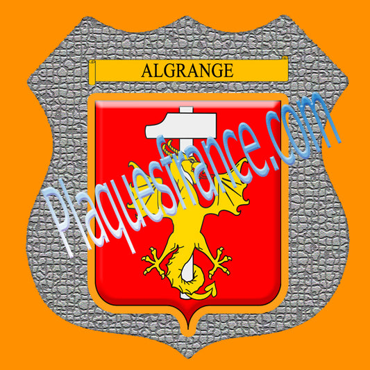 Plaque métal décorative format écusson, blason Algrange, Moselle 57,  fond mozaique