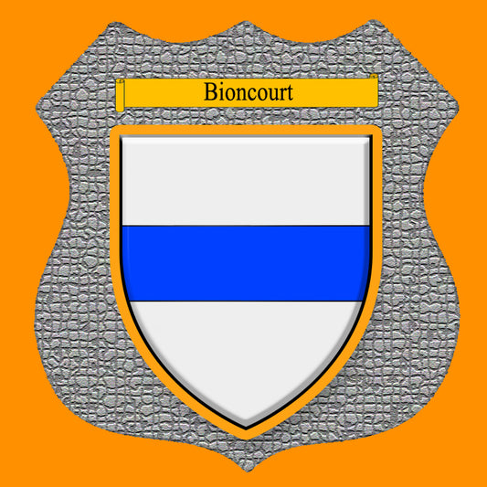 Plaque métal décorative format écusson Ø 30cm fond mozaique blason Bioncourt, Moselle 57