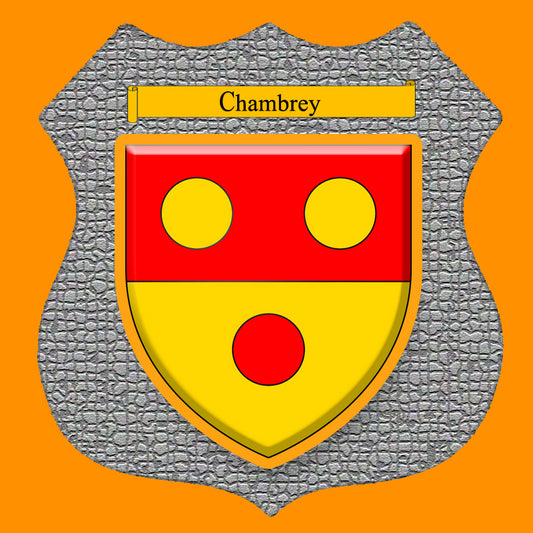 Plaque métal décorative format écusson Ø 30cm fond mozaique blason Chambrey, Moselle 57